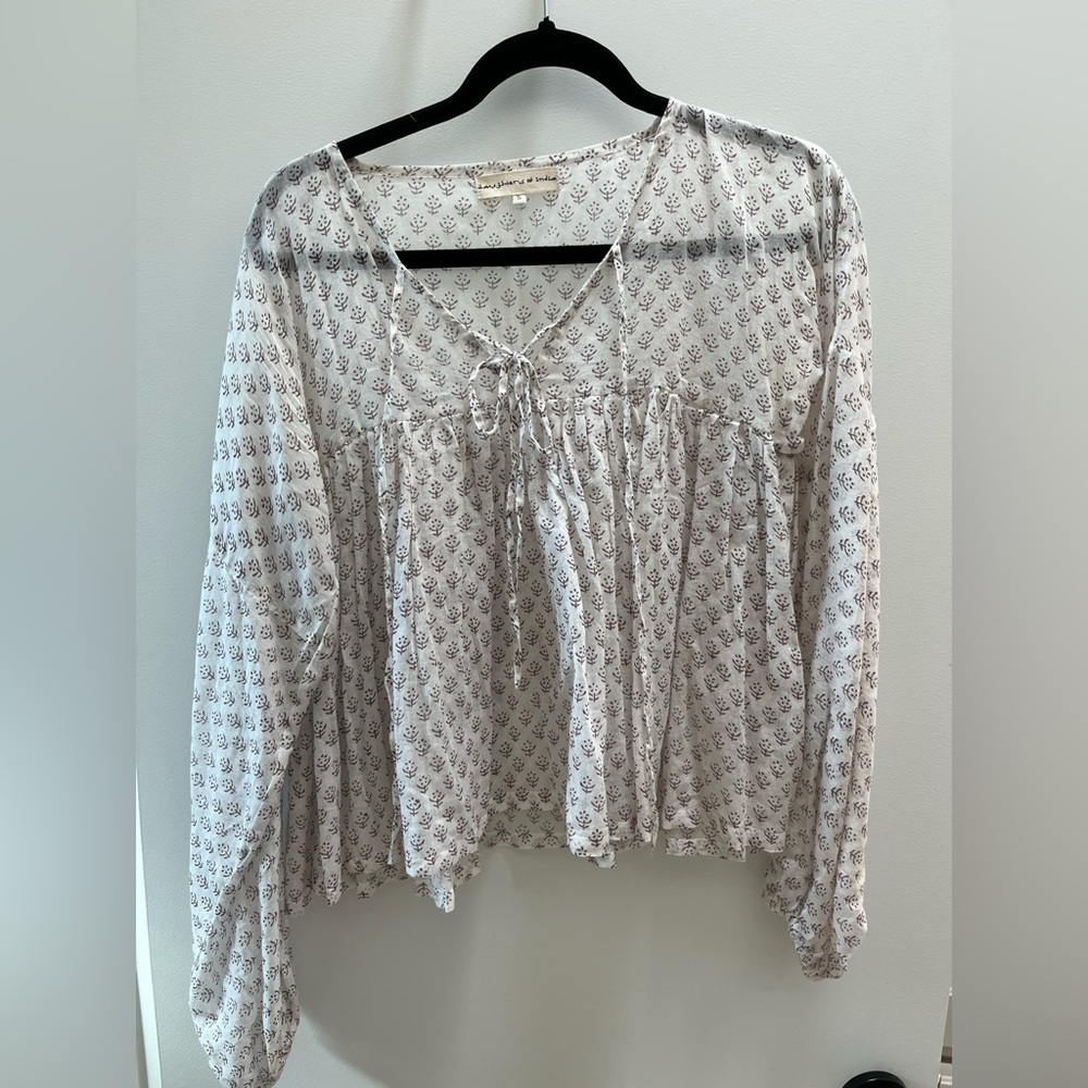 Daughters of India Cream Printed Peasant Blouse